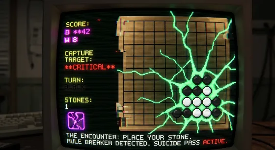 Concept mock of an encounter: a wooden Go board on a CRT, stones crackling with green lightning, score and stone count in a phosphor HUD.