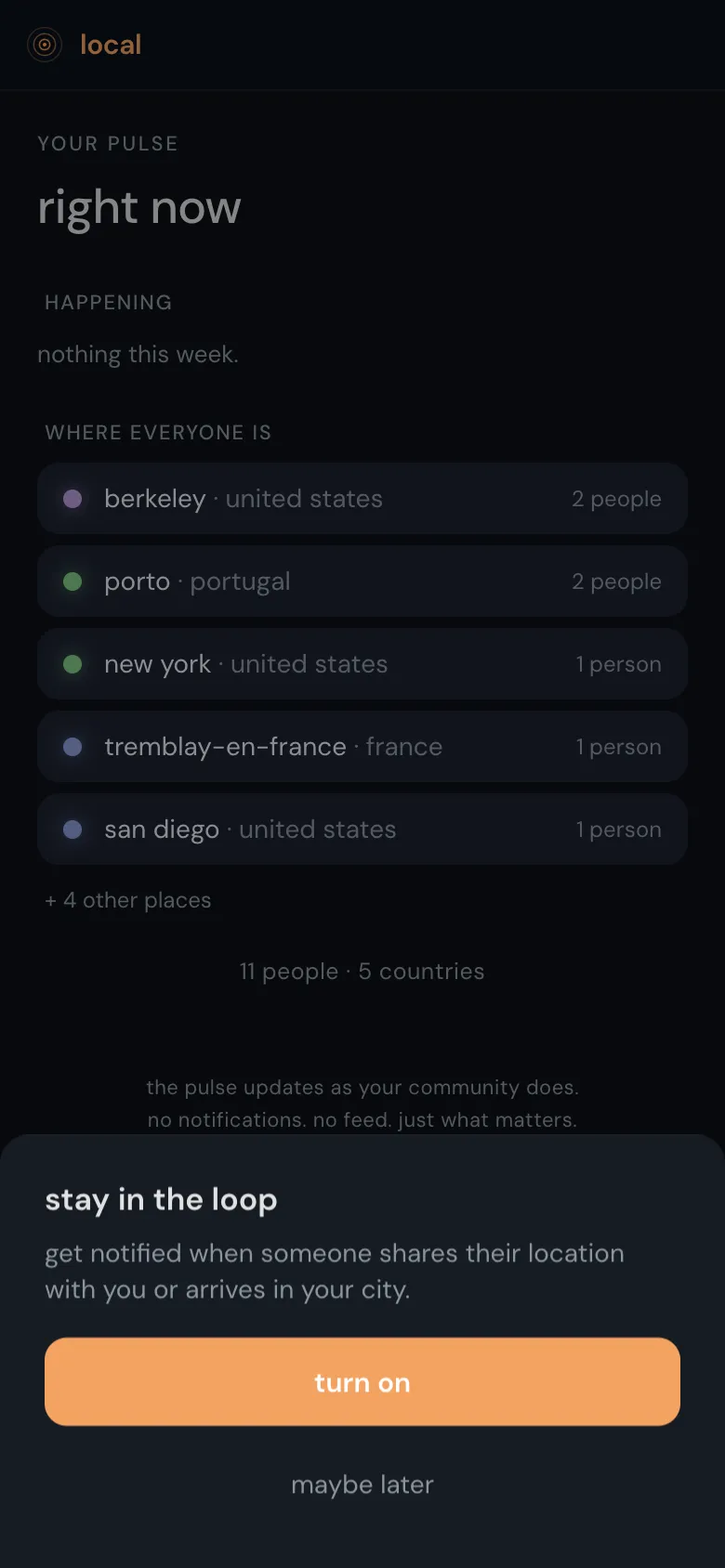 The SameOrbit pulse screen on a phone, listing where everyone in the community is right now.