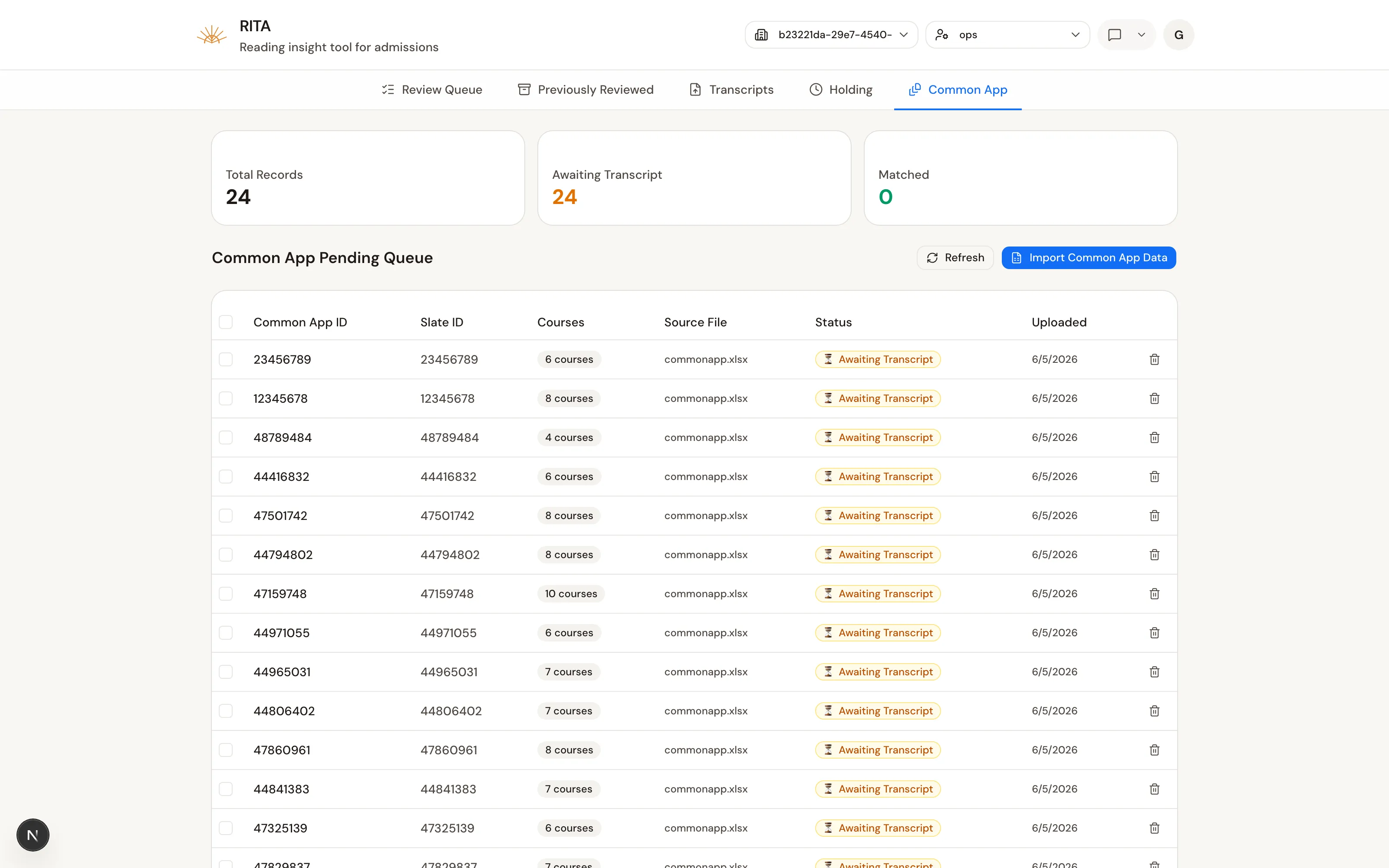 RITA v1 Common App queue: a table of 24 records, each row carrying an identical yellow Awaiting Transcript badge.