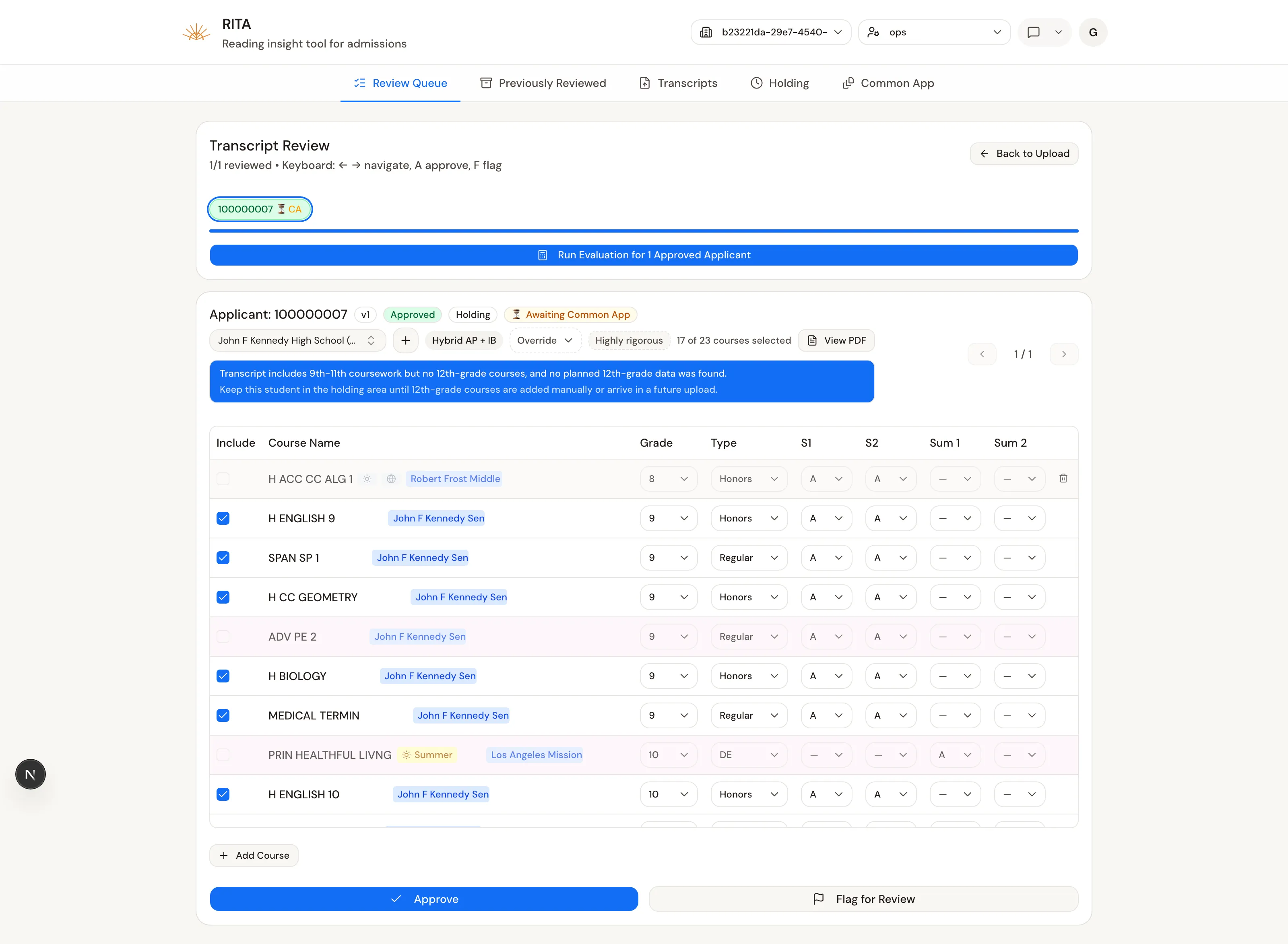 RITA v1 transcript review carousel: one dense form with course rows, grade and type dropdowns, checkboxes, blue banners, and an approve button at the bottom.