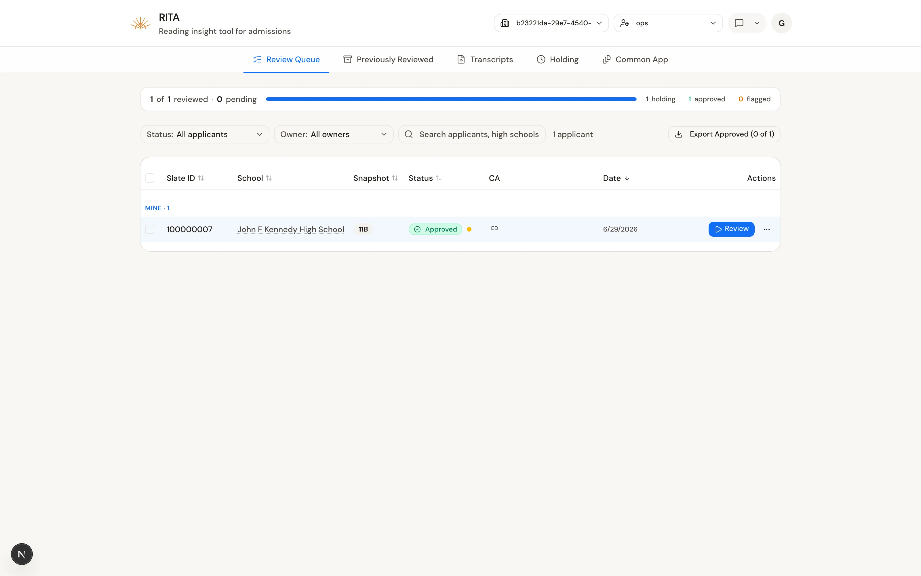 RITA v1 review queue: a dashboard with a blue progress bar, status filters, and an applicant table row with colored badges.