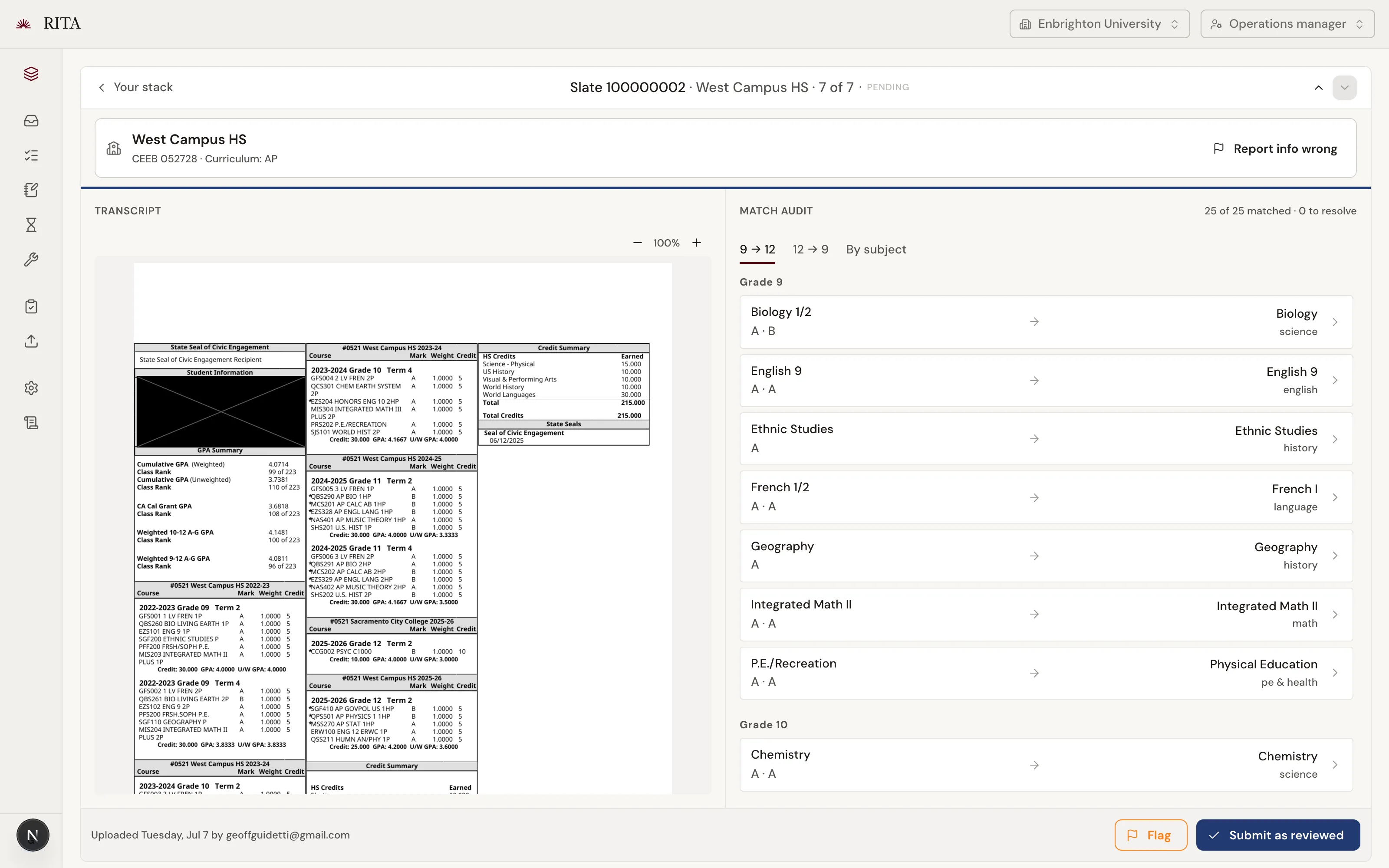 RITA v2 read frame: the transcript viewer on the left and the match audit pane on the right, listing course matches by grade with flag and submit actions.