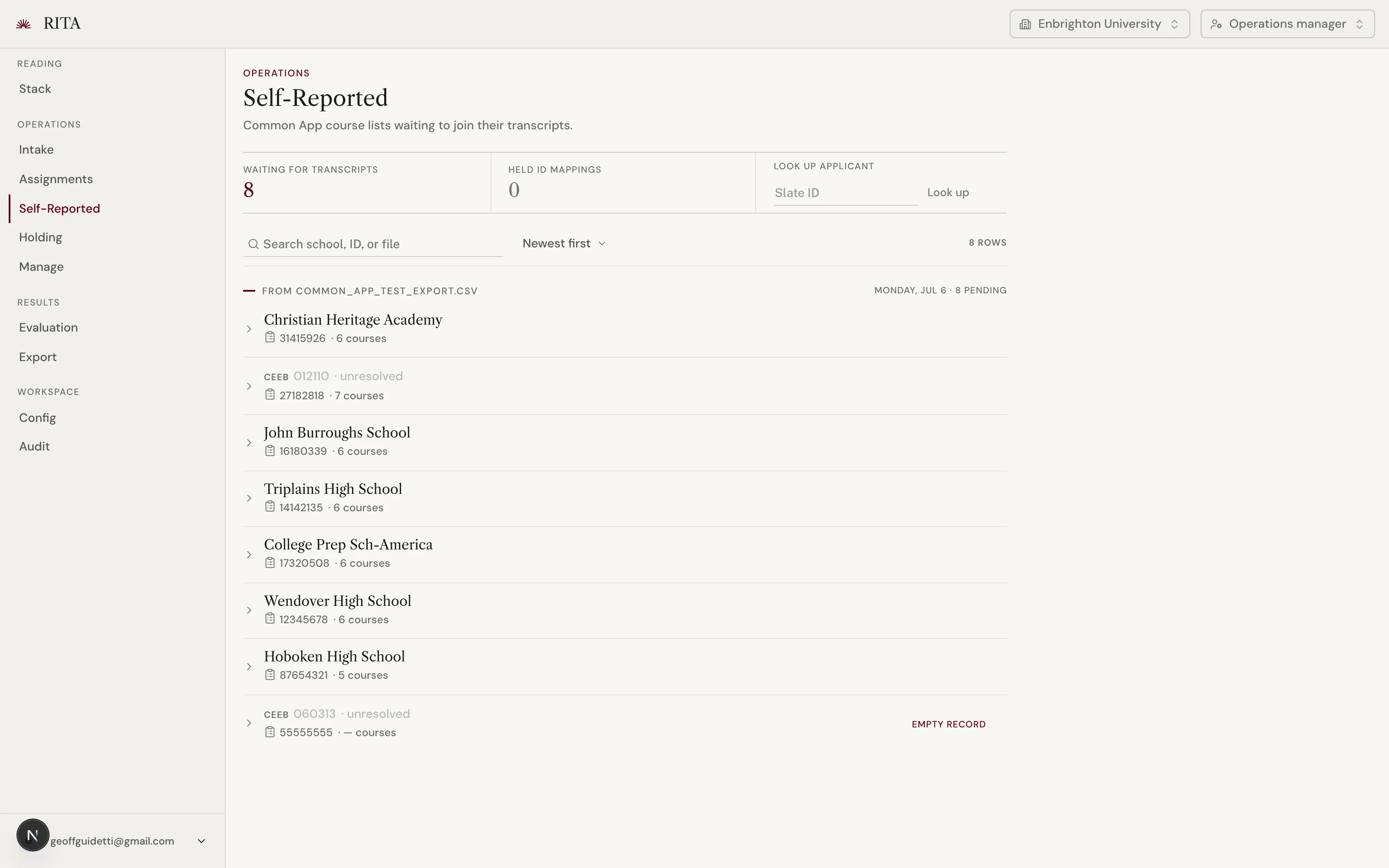 RITA v2 self-reported page: a serif list of schools whose Common App course lists are waiting to join their transcripts, set on warm paper with hairline rules.