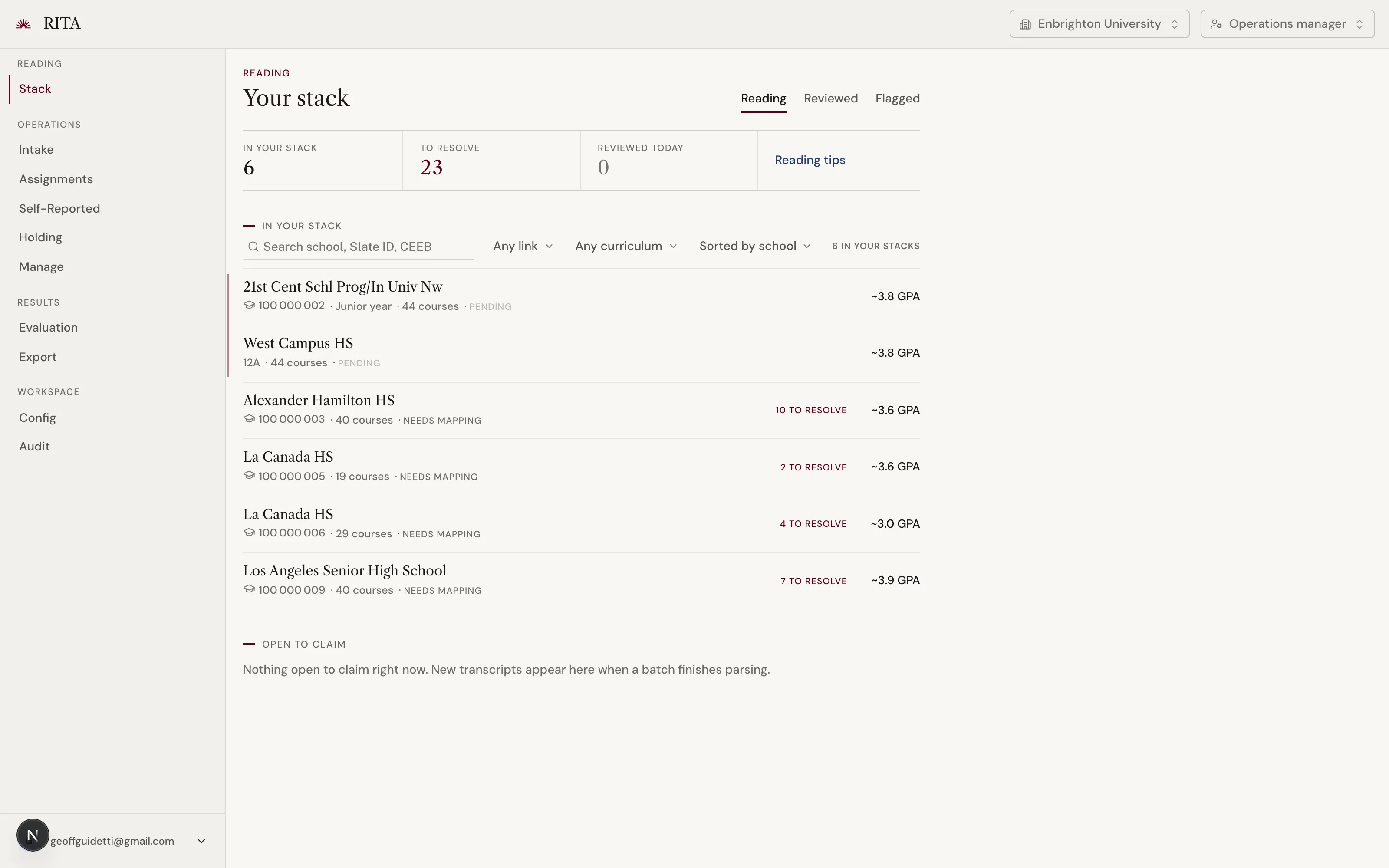 RITA v2 stack: a reading queue as ledger rows with serif school names and GPA figures, under a stat band of counts.